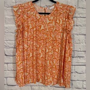 DR2 Daniel Rainn Orange Slice Print Pleated Blouse Flutter Sleeve Top Size XXL
